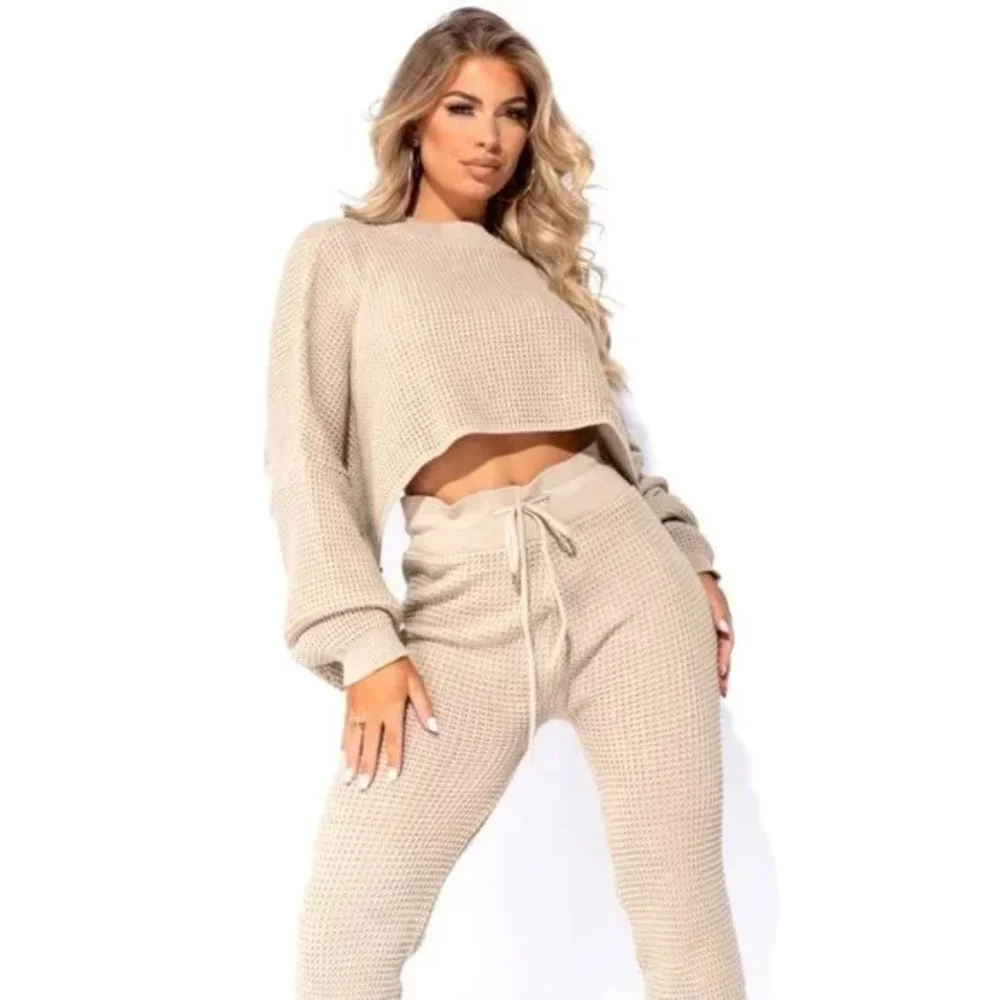 Beige Knitted Long Sleeve Sweater Crop Top and High Waist Pants Two Piece Set - Picture 4 of 17